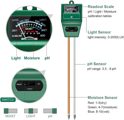 Soil Ph Meter, MS02 3-In-1 Soil Moisture/Light/Ph Tester Gardening Tool Kits for Plant Care, Great for Garden, Lawn, Farm, Indoor & Outdoor Use (Green)